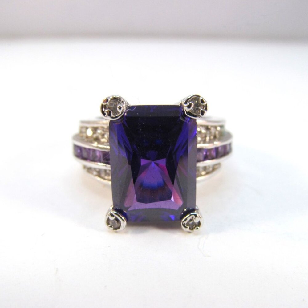 Emerald Cut Purple Glass Cocktail Ring - Size 8.5